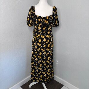 Cider Black Lemon Print Puff Sleeve Smocked Midi Dress Women L